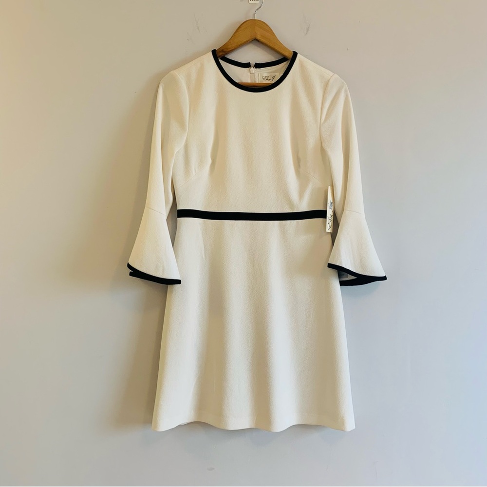Eliza J Piped Trim Bell Sleeve Fit & Flare Dress Cream & Black Nordstrom